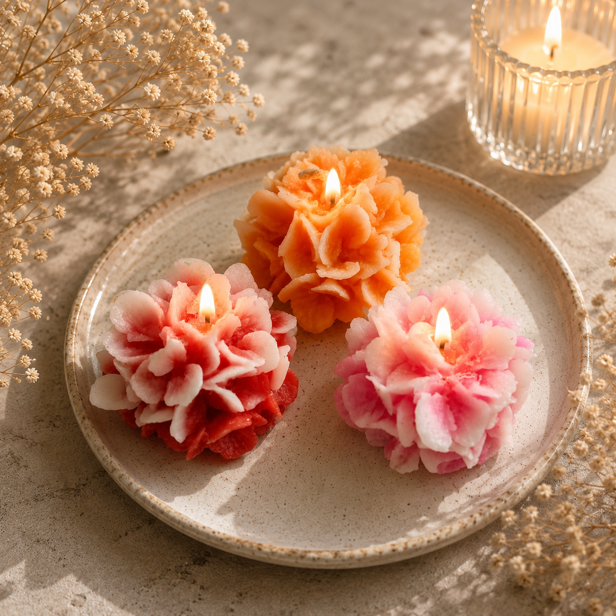 Carnation flower candle - Set of 3