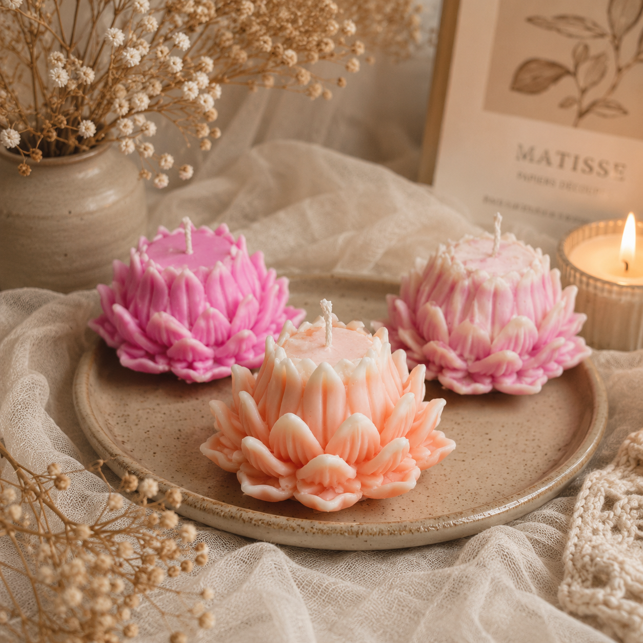 Soft blooms that never fade—Lotus candle. ✨🕯️
