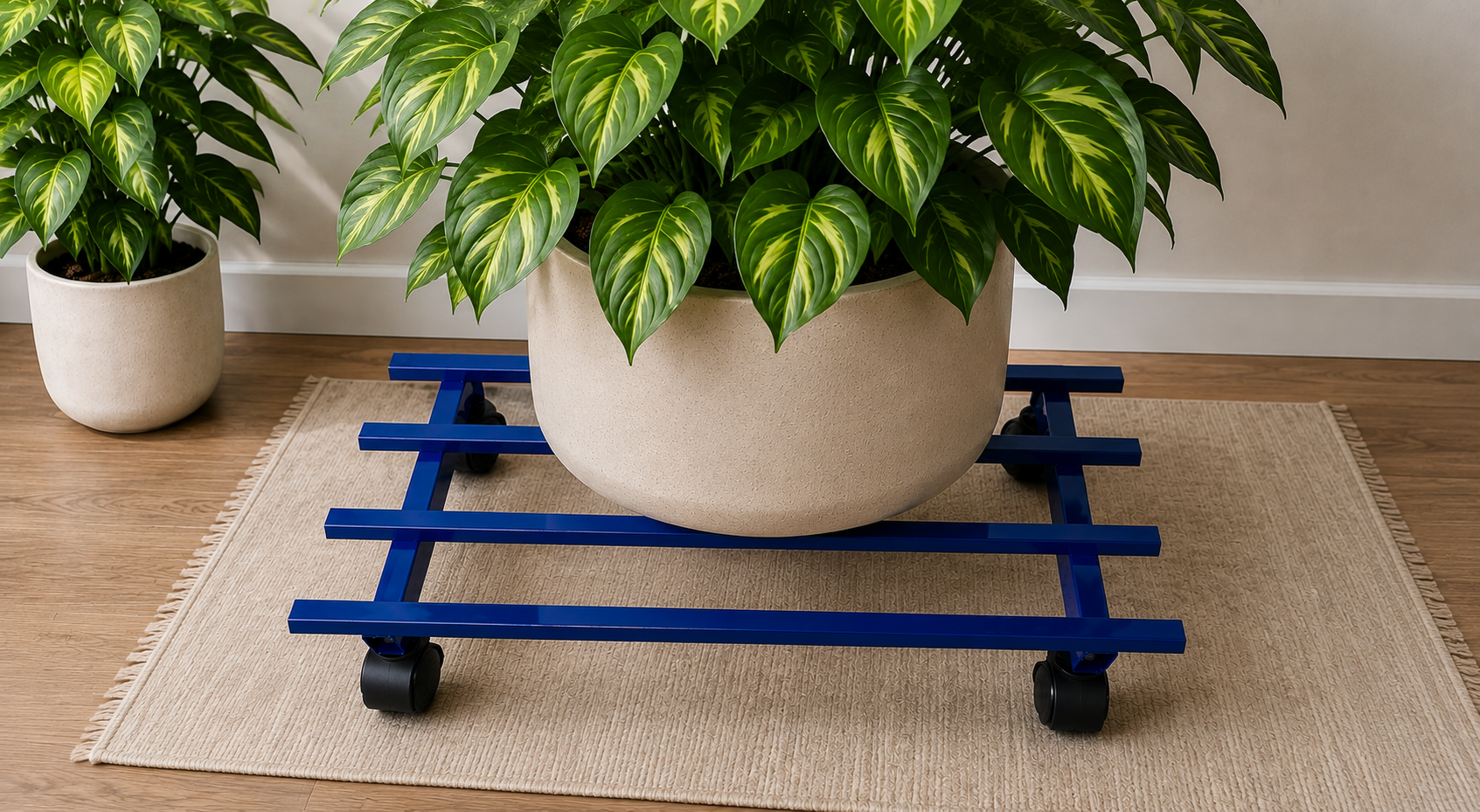 Rectangular metal plant stand with wheels
