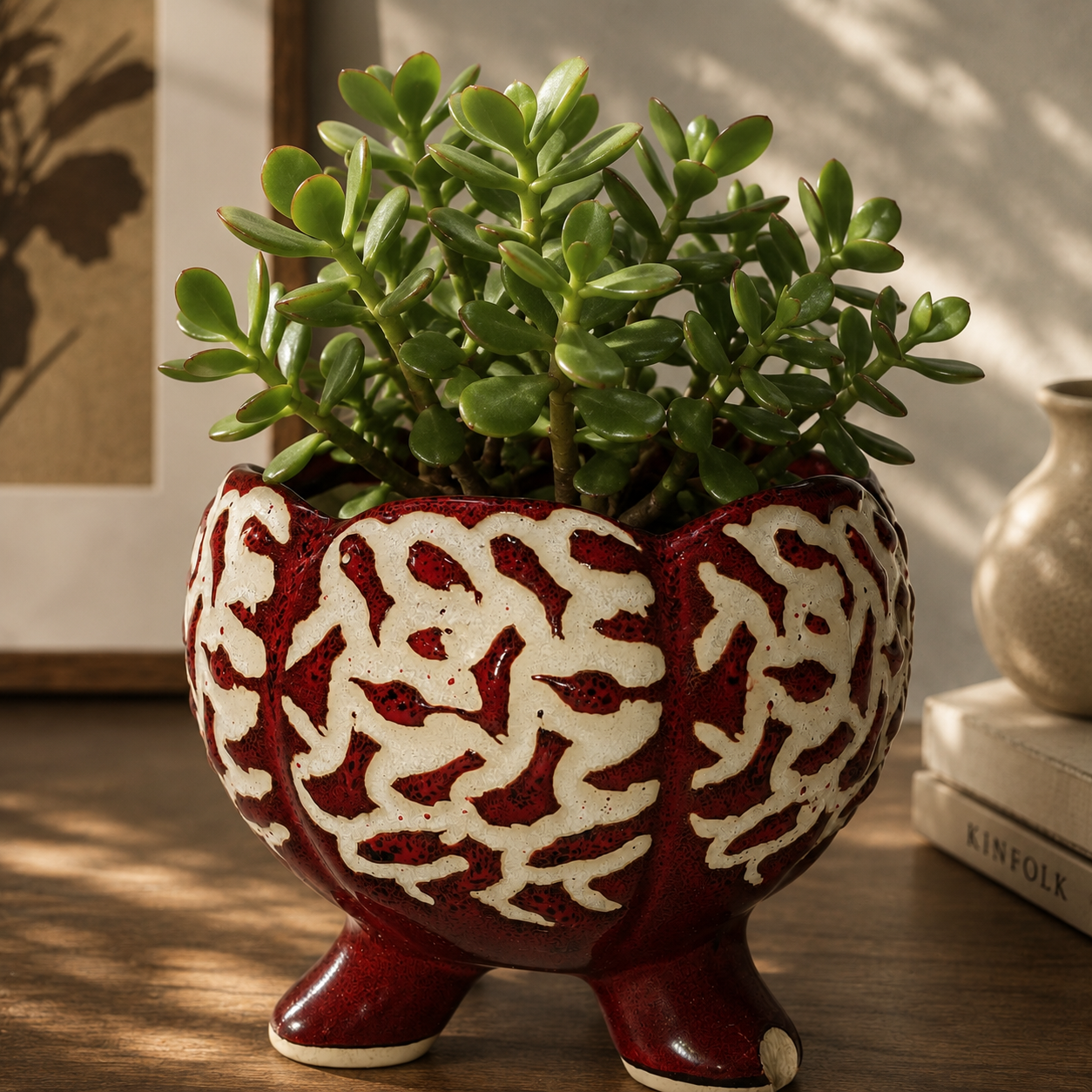 A lush jade plant nestled in a brown ceramic planter