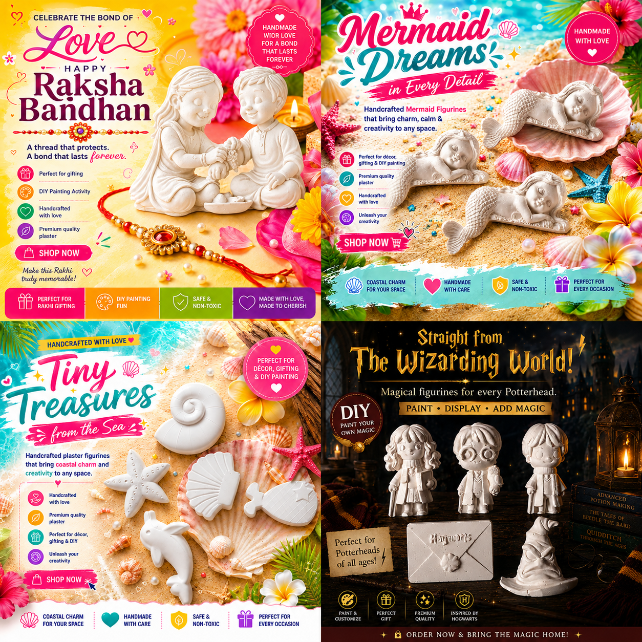 ✨ Handcrafted with love. Designed to inspire. Painted by you. 🎨💖  From the magical world of wizards 🪄 to dreamy mermaids 🧜‍♀️, adorable sea treasures 🐚, and heartwarming Raksha Bandhan figurines 🎁—our premium plaster DIY collection brings creativity, joy, and unforgettable memories to every home.  Whether you're looking for the perfect gift, a fun family activity, or a unique décor piece, there's something special waiting for you.  🌸 Handmade with love 🎨 DIY painting fun for all ages 🤍 Premium quality plaster 🌿 Safe & non-toxic 🎁 Perfect for gifting & home décor  ✨ Paint. Create. Display. Cherish.